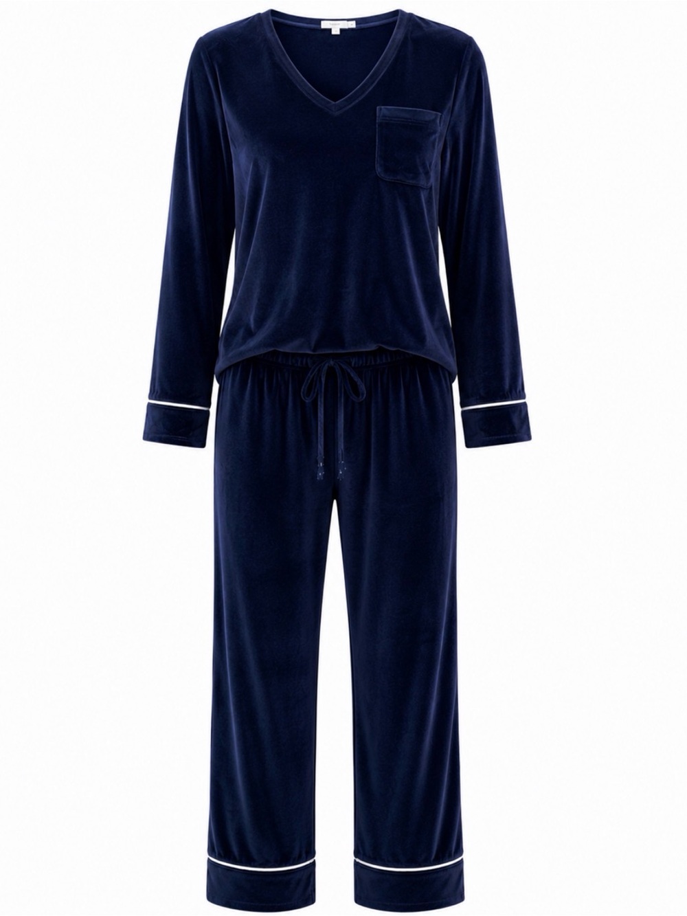 Ekouaer M Velvet Velour Two-Piece Pajama Lounge Set in Deep Navy Blue White Trim